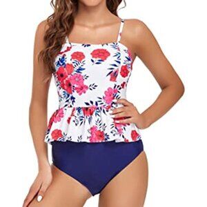 EDELQUAL Womens LARGE Blue Red Floral High Waist Peplum 2pc TANKINI Swimsuit NWT